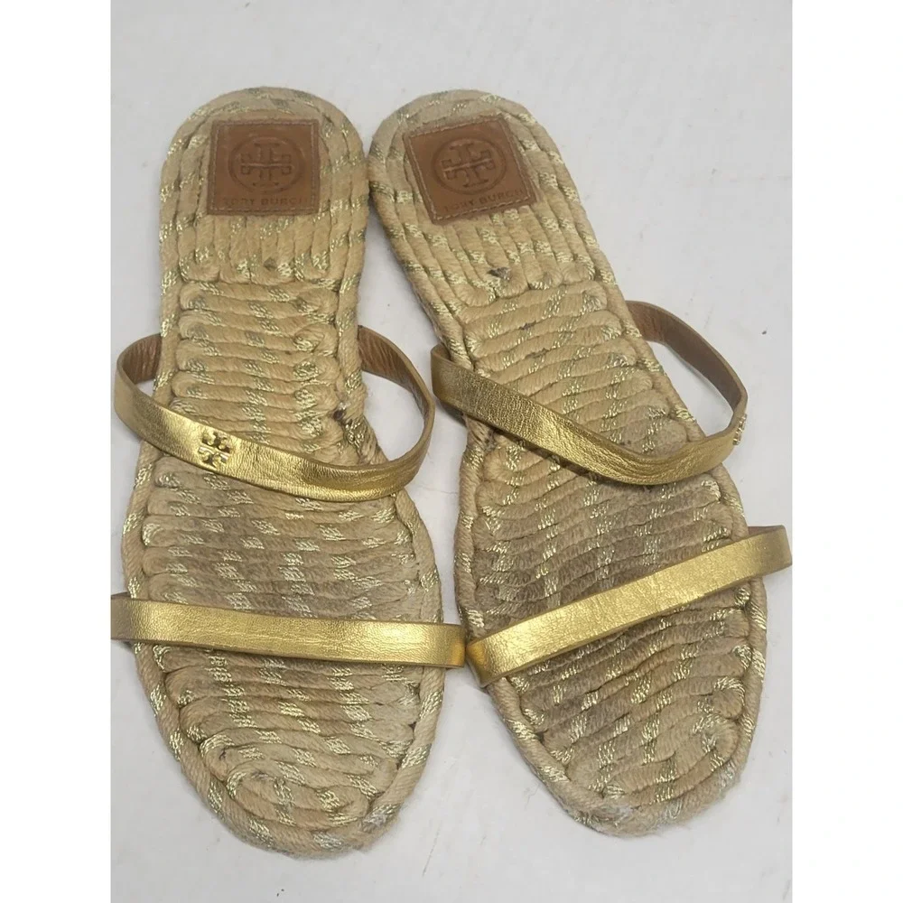 Tory Burch‎ Metallic Leather Espadrille Slide Sandals Woven Rope Flat Logo sz 10